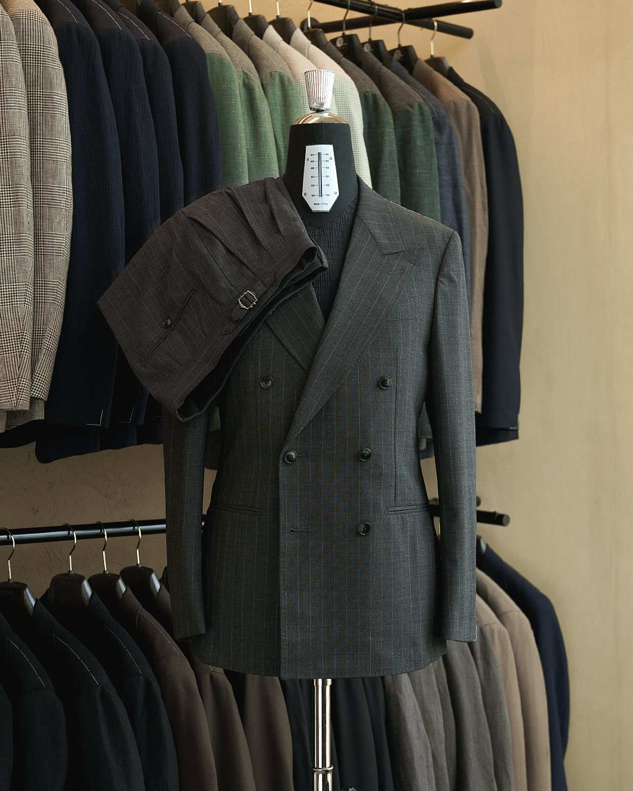 DROP6 Suit Wool Chalk Stripe Double Breasted Grey
