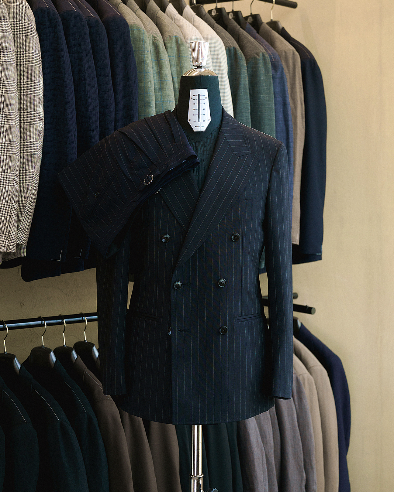 DROP6 Suit Wool Chalk Stripe Double Breasted Navy