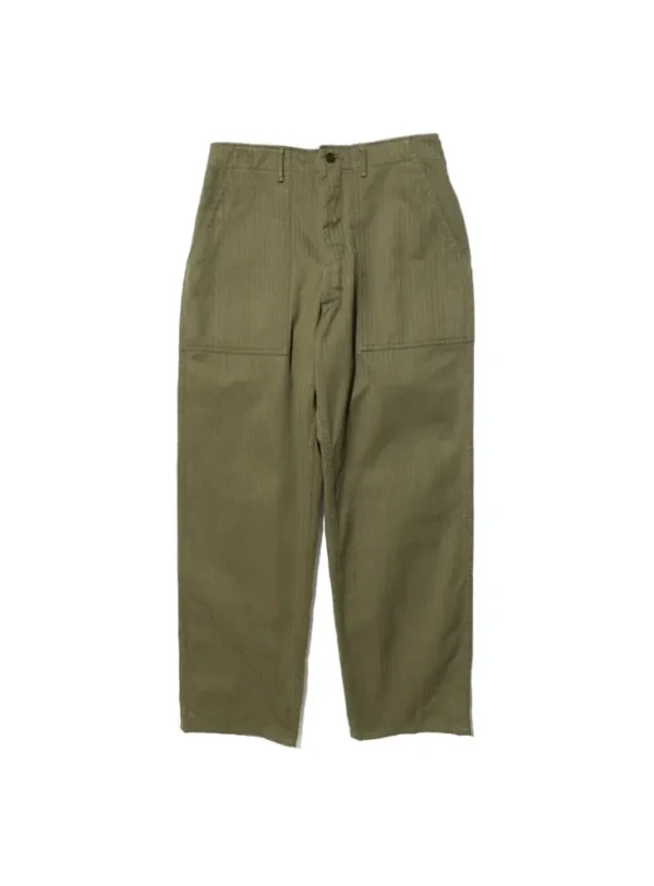 A detailed view of Baker Pants made from herringbone twill fabric, showcasing their firm texture, large side cargo pocket, and urea buttons, faithfully reproducing the U.S. military style from 1947.