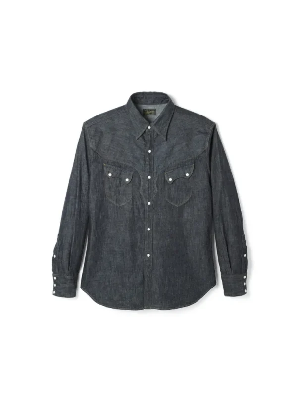 Updated Cody western shirt with relaxed fit through body, shoulders, and neck. Features front yoke and wing-shaped back yoke inspired by buffalo horn. Made from 8oz Zimbabwe cotton denim with visible slub texture.