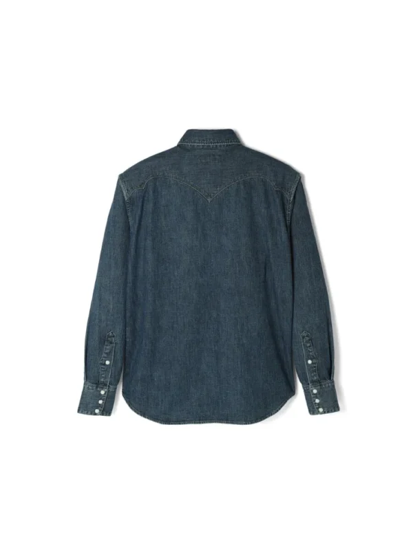 Updated Cody western shirt with relaxed fit through body, shoulders, and neck. Features front yoke and wing-shaped back yoke inspired by buffalo horn. Made from 8oz Zimbabwe cotton denim with visible slub texture.